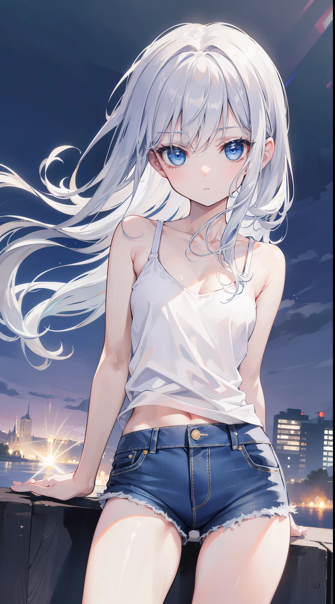 32k, best quality, ultra-detailed, high resolution, perfect anatomy, head on, beautiful town background, night, cute childl, beautiful blue eyes, ideal ratio body proportions, Tank top, jeans shorts, silver hair, long hair,