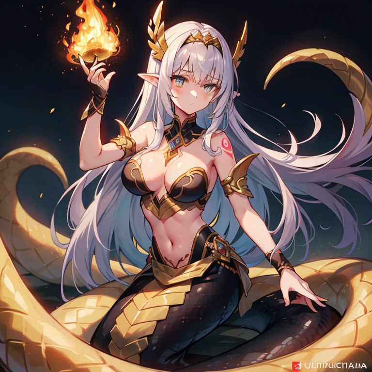 allure:
Sylthra is a warrior lamia, a majestic figure whose imposing presence is announced by the scarlet glow of his scales. Com uma estatura impressionante de quase 2 metros, She rises elegantly, its long tail snaking across the ground. Suas escamas, de um vermelho intenso, capturam a luz de maneira hipnotizante, creating an undulating pattern as she moves.
hypnotic eyes:
Sylthra's eyes are vertical slits of intense golden yellow., hypnotic and penetrating. Her gaze reveals a sharp intelligence and the determination of a warrior who knows the strength that resides in her serpentine veins..
Cabelos de Fogo:
Sylthra ostenta uma cabeleira flamejante, uma cascata de cabelos que parece feita de chamas douradas. Quando ela se move, your hair dances in the air as if fueled by fire itself.
Armamento Lamia:
Vestida para a batalha, Sylthra usa uma armadura de escamas meticulosamente ajustada para permitir sua agilidade. Adornos de ouro e pedras preciosas destacam-se contra o vermelho ardente de suas escamas. in her hands, she wields two curved blades, afiadas como presas de serpente, that cut with deadly precision.
Cauda Serpenteante:
Sylthra's tail is long and muscular, terminando em uma ponta bifurcada. Golden tribal markings are visible along its length, each telling a story of victories in past battles. She controls her tail with grace and dexterity, transforming it into a weapon as deadly as your blades.
Tatuagens de Guerra:
Marcando seu corpo, Sylthra exibe tatuagens de guerra que destacam suas conquistas. The tattoos are intricate and cover part of his scales., a visual expression of her story as a warrior.
Voz Sibilante:
Quando Sylthra fala, your voice is a hissing melody, soft and at the same time threatening. Your words are chosen carefully, ecoando como uma serpente que se prepara para dar o bote.
Strategic Nature:
Como guerreira, Sylthra is cunning
