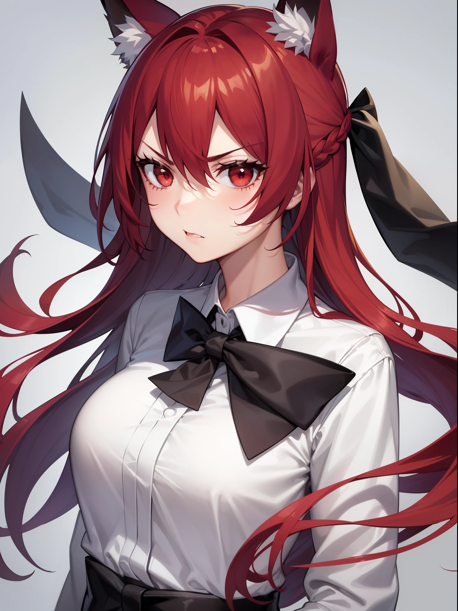 1girl ,20s,angry face,white shirt,black bow tie,red hair,long hair,fox ears,red eyes,(white background, line drawing),portrait