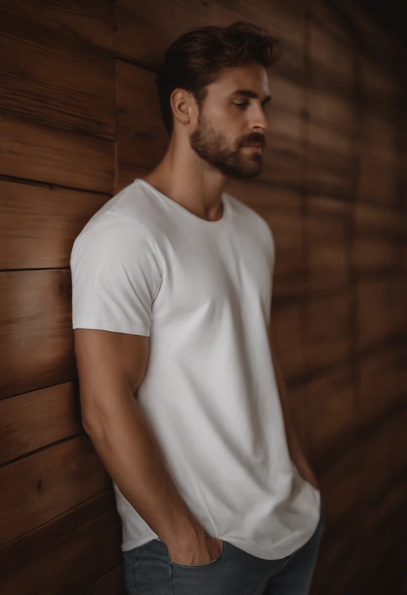 a minimalistic shot of a white t-shirt on a wooden background, with a simple and understated design placed strategically on the chest area, emphasizing the design’s impact and ensuring it stands out against the clean backdrop