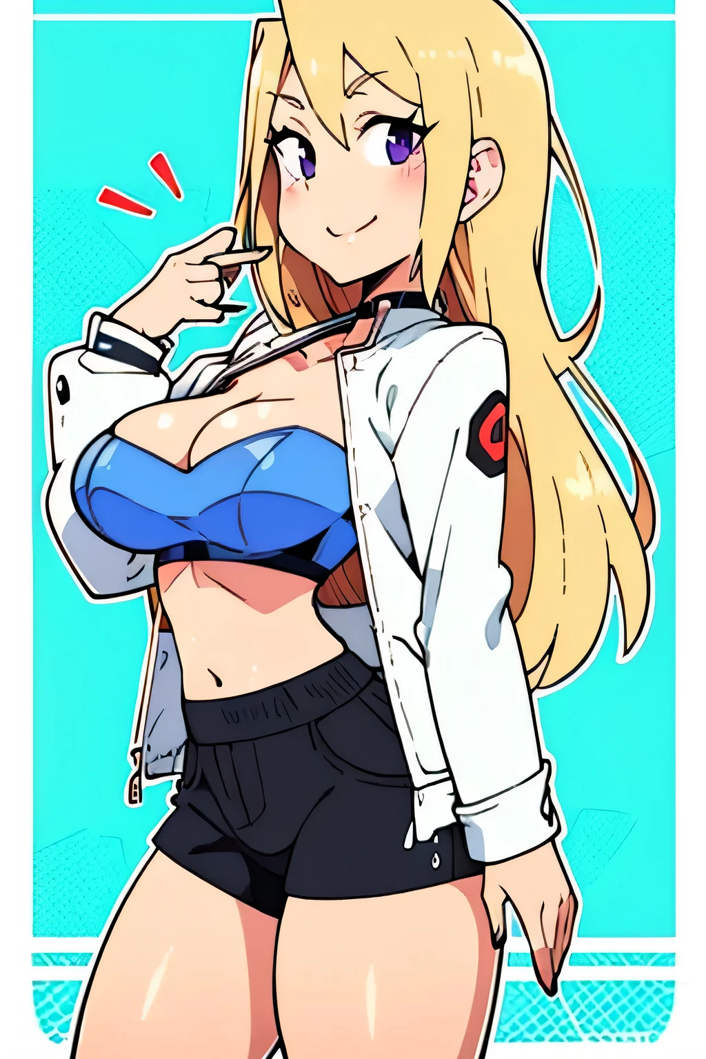 Blonde hair, Purple eyes,Straight long hair, Looking at Viewer, Standing, Upper body, White jacket, Open jacket, Black shirt, Strapless, Navel, Midriff, Short shorts, Smile, masutepiece, Best Quality,