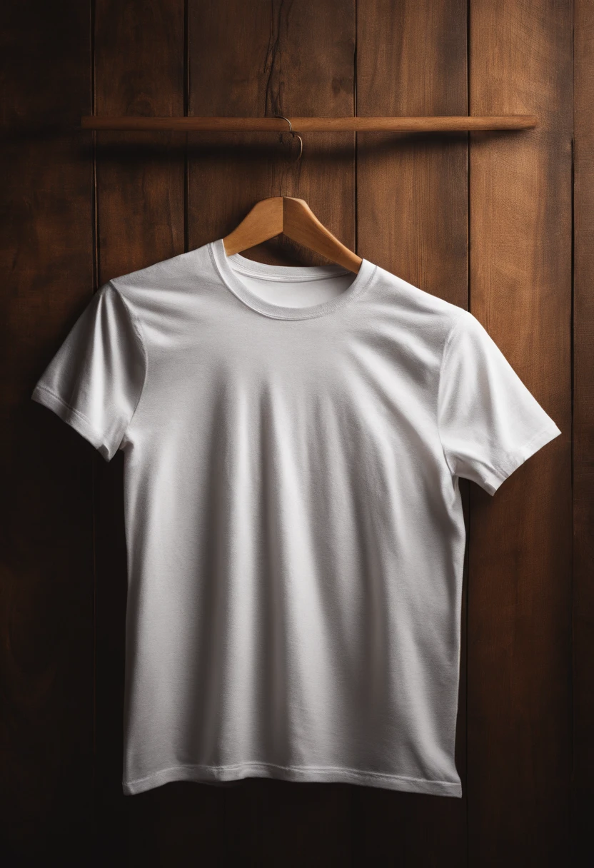 a top-down shot of a white t-shirt placed on a wooden hanger against a wooden background, providing a simple and elegant presentation of the design, as if it were ready to be worn
