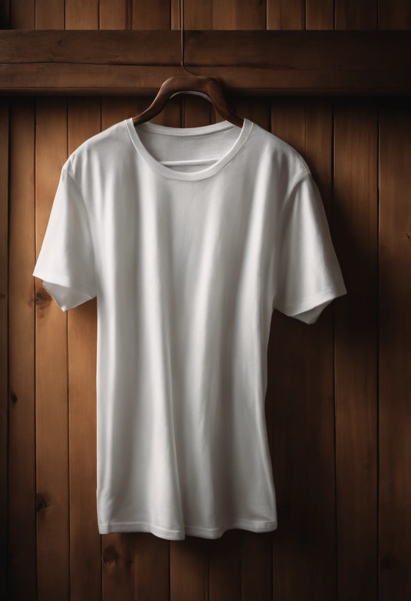 a top-down shot of a white t-shirt placed on a wooden hanger against a wooden background, providing a simple and elegant presentation of the design, as if it were ready to be worn