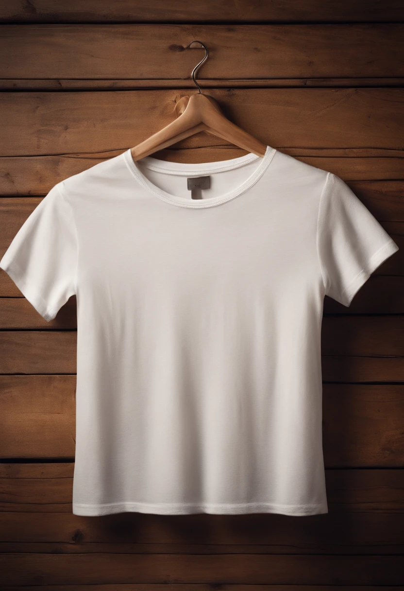 a top-down shot of a white t-shirt placed on a wooden hanger against a wooden background, providing a simple and elegant presentation of the design, as if it were ready to be worn