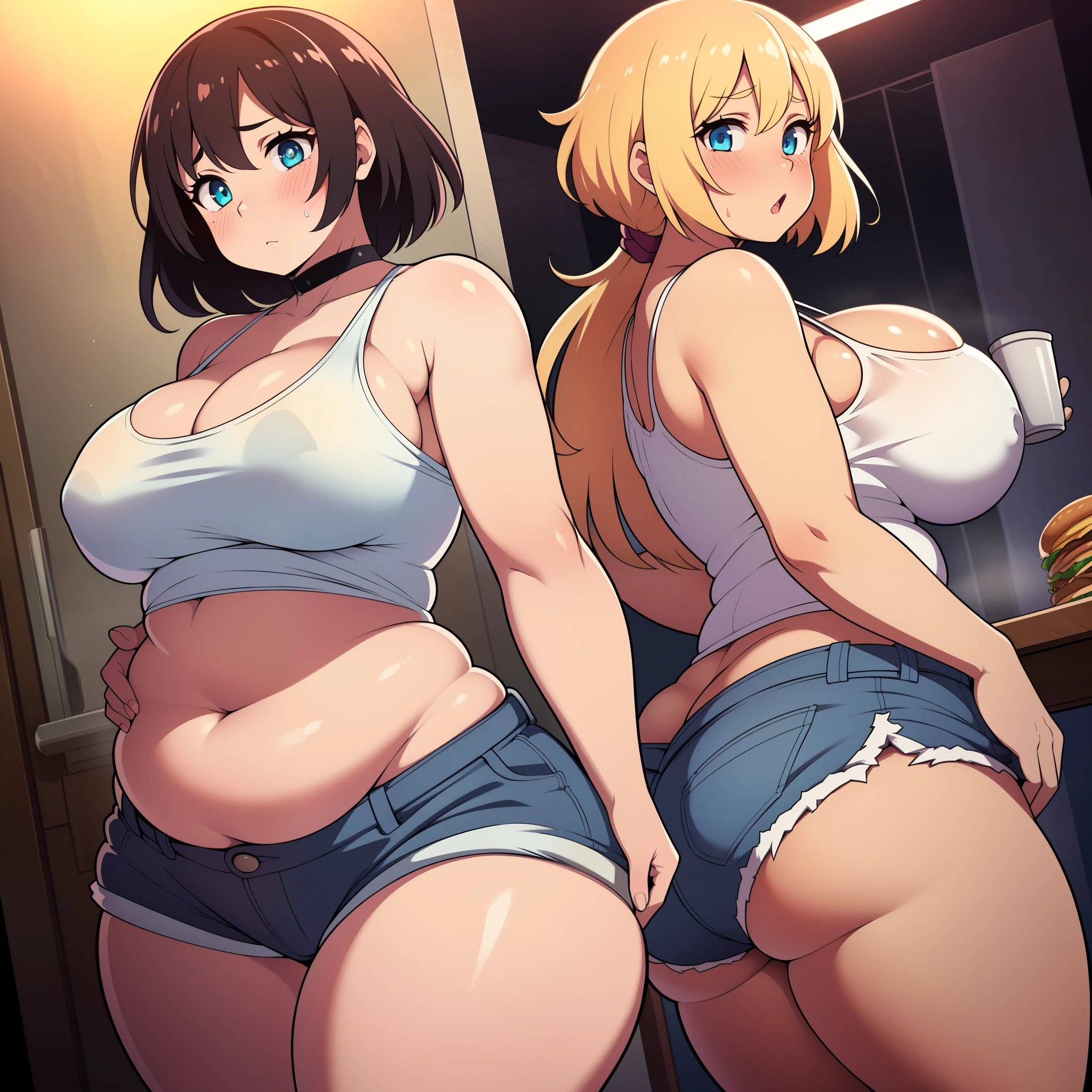 ((Masterpiece)), perfect anatomy, perfect shading, field of depth, (best quality), extremely delicate and beautiful, perfect lighting, detailed face, ultra cute face, cute, (cowboy shot 1.2), full body, (((2girls))), ((2 girls 1 and 2))
Girl 1: has long hair, fluffy hair, blonde hair, blue eyes, ((blush)), (embarrassed), extremely tight clothes, medium breasts, cleavage, perky breasts, ((wide hips)), (thick thighs), ((chubby)), pudgy belly, fat rolls, belly hang,
Girl 2: has short hair, fluffy hair, brown hair, green eyes, ((blush)), worried, chocker, extremely tight clothes, medium breasts, cleavage, perky breasts, (((wide hips))), ((thick thighs)), ((big butt)), ((plump)), chubby belly, fat rolls, belly hang, she has a jiggly belly,
Fast food restaurant, intricate background, detailed background, girls are standing next to each other, (white tank top 1.2), (shorts 1.2),