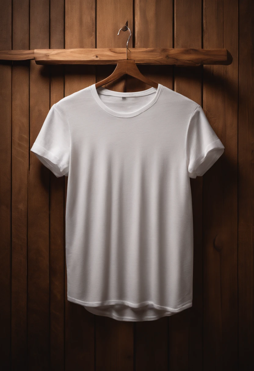 a top-down shot of a white t-shirt placed on a wooden hanger against a wooden background, providing a simple and elegant presentation of the design, as if it were ready to be worn