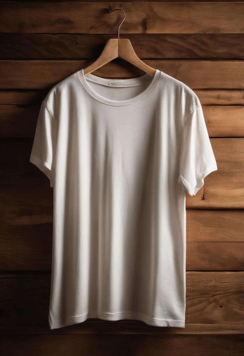 a top-down shot of a white t-shirt placed on a wooden hanger against a wooden background, providing a simple and elegant presentation of the design, as if it were ready to be worn