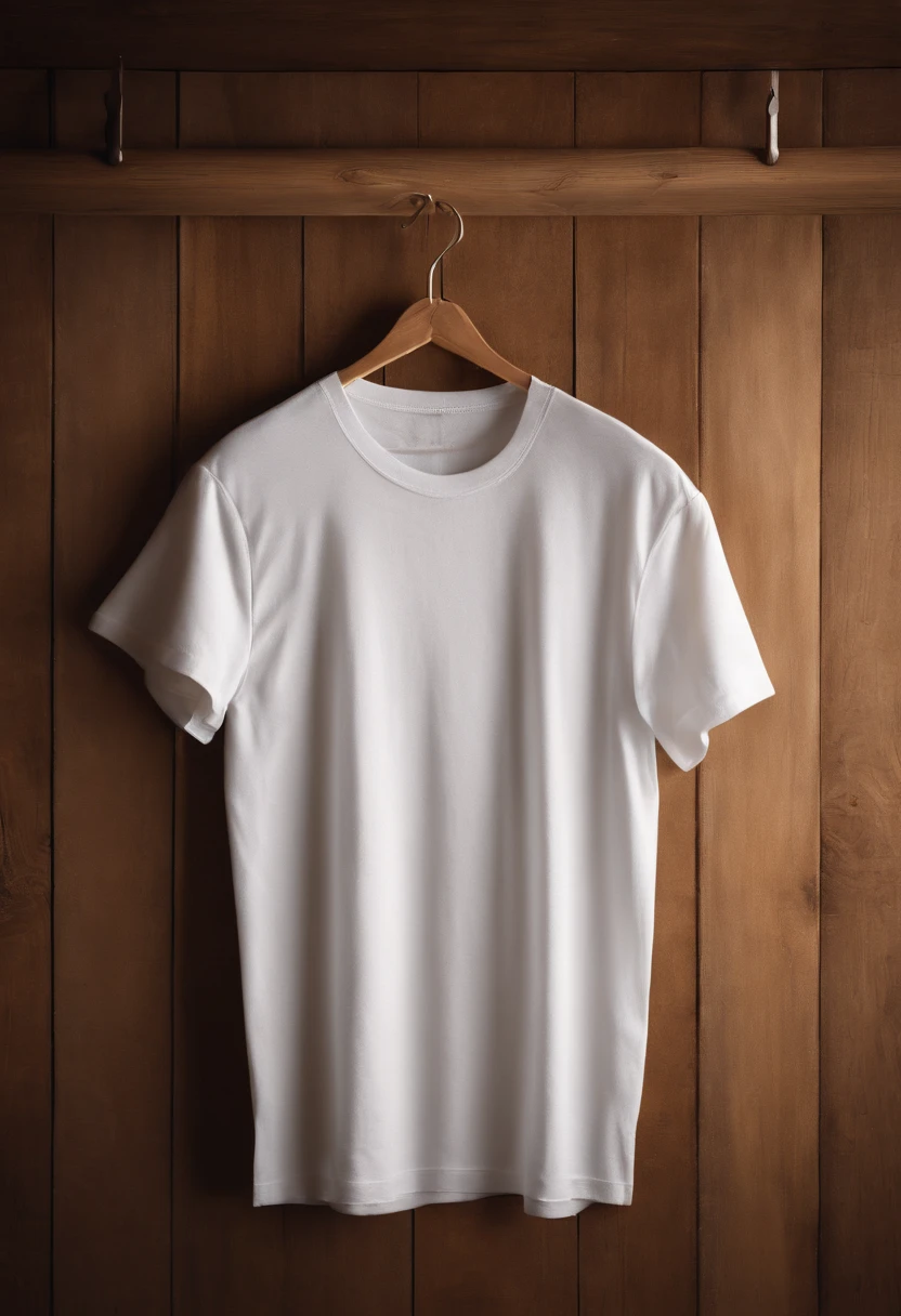 a top-down shot of a white t-shirt placed on a wooden hanger against a wooden background, providing a simple and elegant presentation of the design, as if it were ready to be worn
