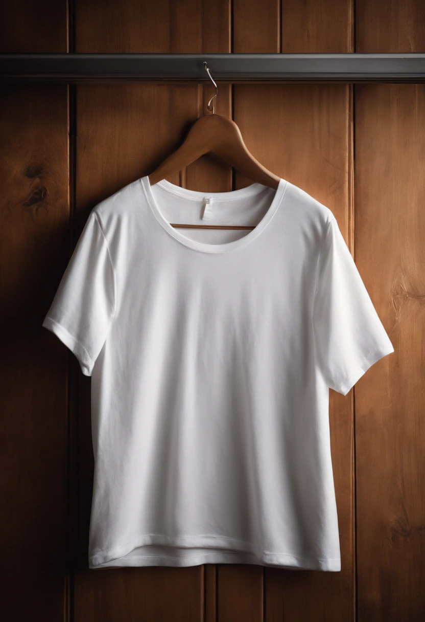 a top-down shot of a white t-shirt placed on a wooden hanger against a wooden background, providing a simple and elegant presentation of the design, as if it were ready to be worn