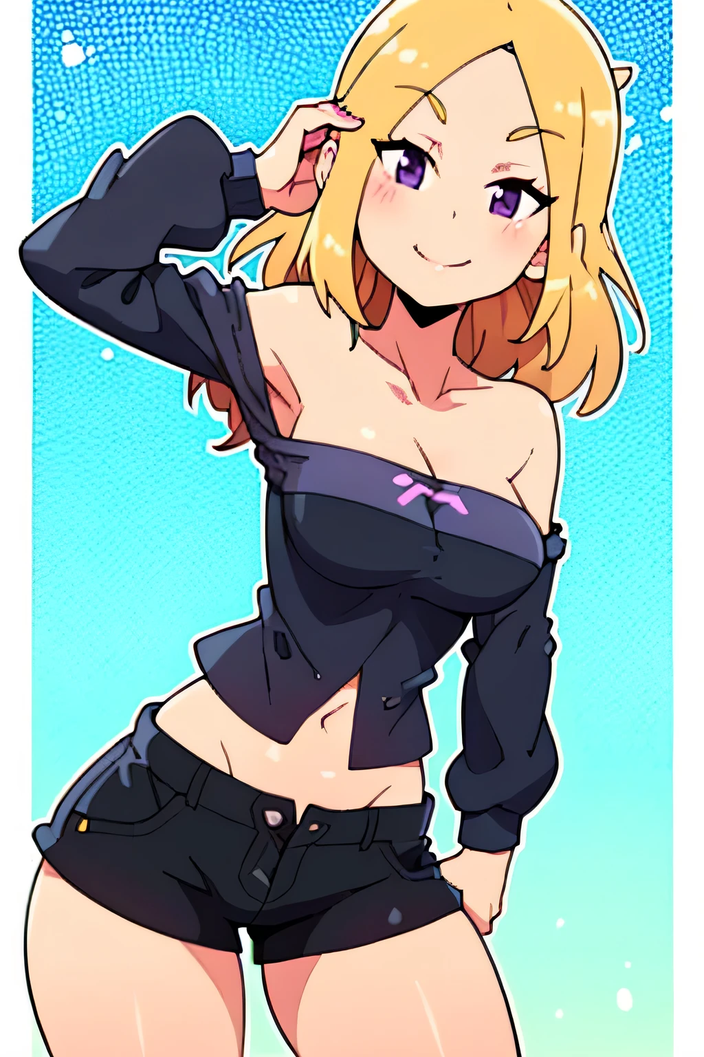 Blonde hair, Purple eyes,Straight long hair, Looking at Viewer, Standing, Upper body, White jacket, Open jacket, Black shirt, Strapless, Navel, Midriff, Short shorts, Smile, masutepiece, Best Quality,