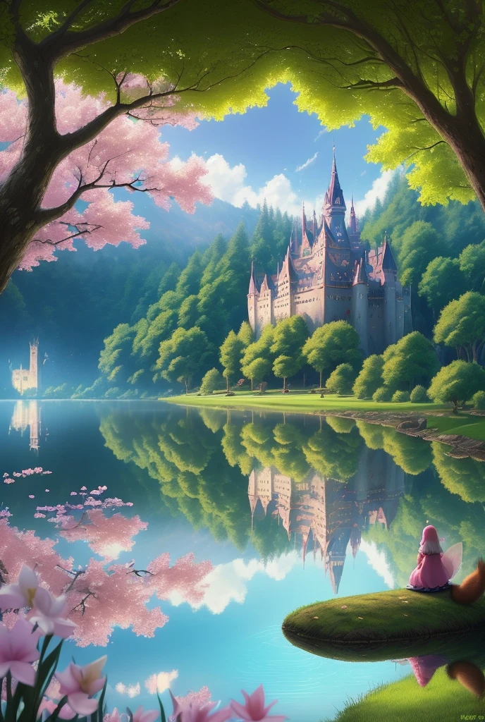 The theme of fairy tale world, princess and cat playing by the lake, squirrel, ragnarok, using bright, bright, bright and pastel colors such as pink, blue, green, yellow, etc., fairy tale world, dream atmosphere, fairy tale world scenes, forests, castles, lakes, gardens, sky clouds, vivid. Dreamy, mysterious - V6
