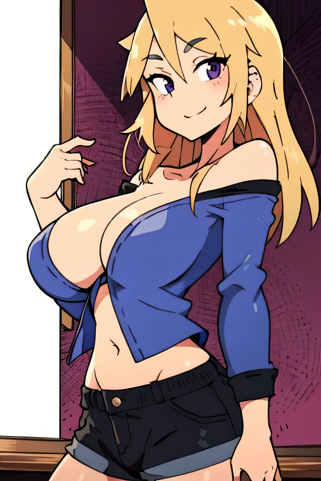 Blonde hair, Purple eyes,Straight long hair, Looking at Viewer, Standing, Upper body, White jacket, Open jacket, Black shirt, Strapless, Navel, Midriff, Short shorts, Smile, masutepiece, Best Quality,