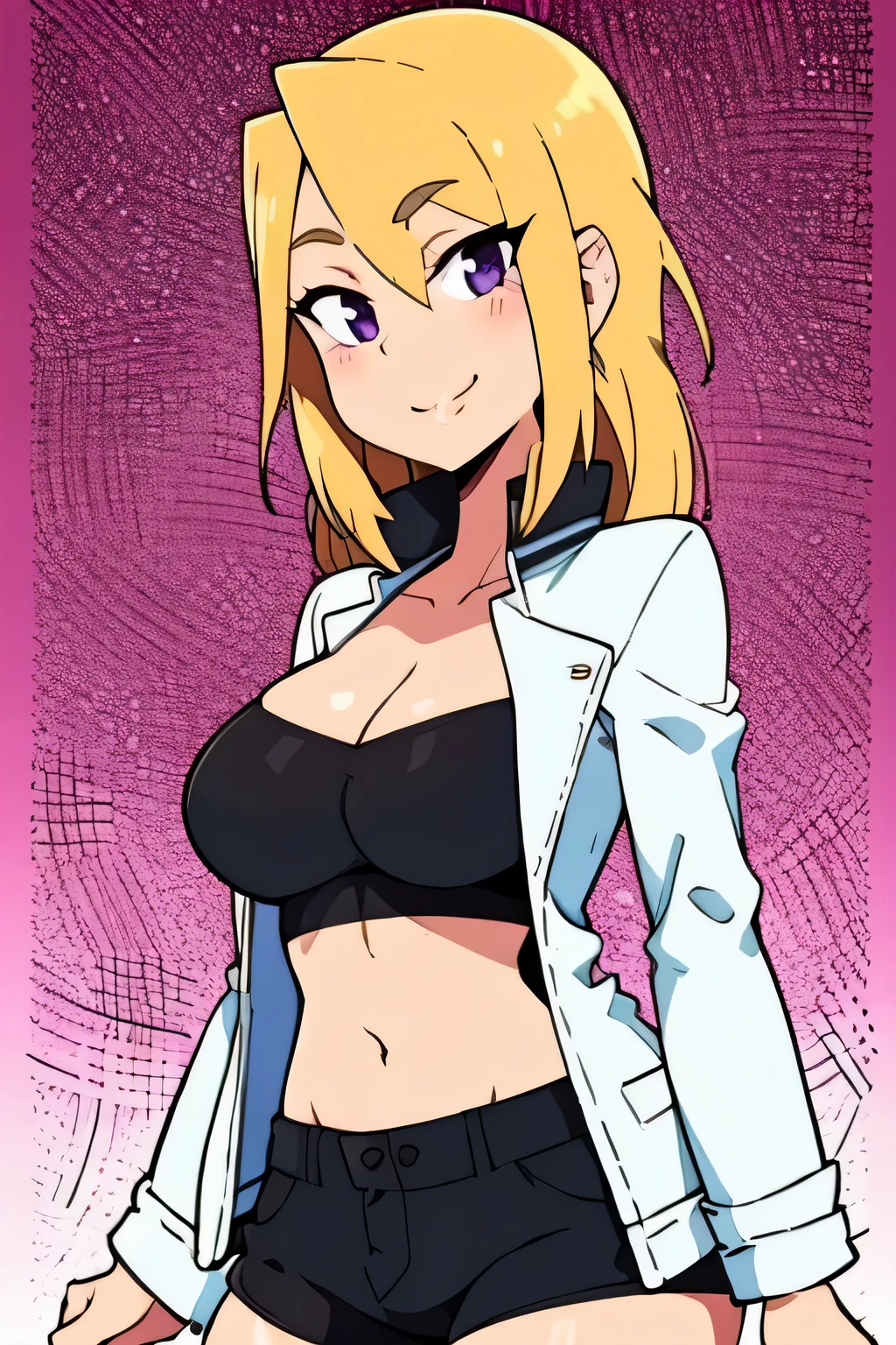 Blonde hair, Purple eyes,Straight long hair, Looking at Viewer, Standing, Upper body, White jacket, Open jacket, Black shirt, Strapless, Navel, Midriff, Short shorts, Smile, masutepiece, Best Quality,