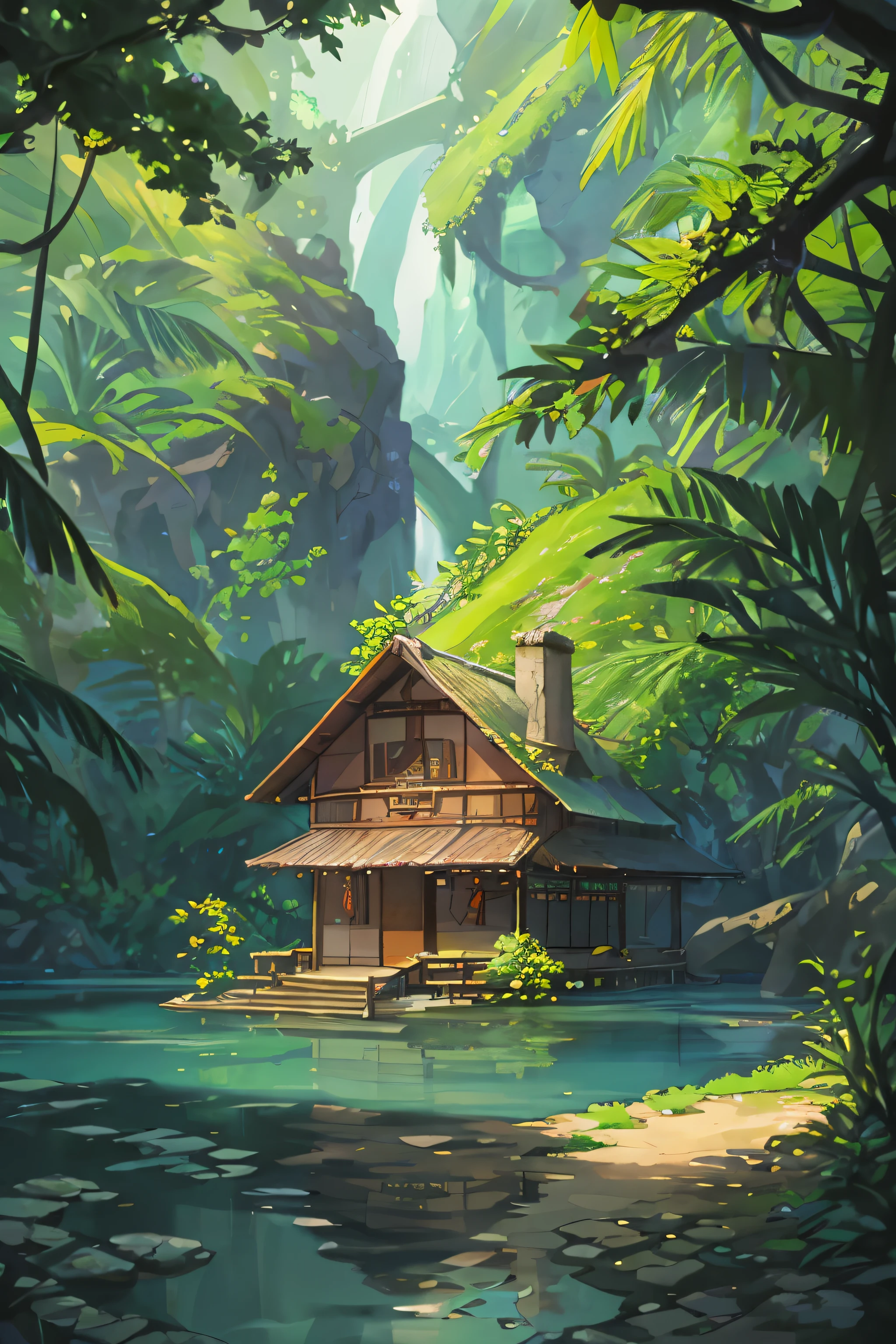 Vietnam ancient times, wooden house, winding dirt road, spring, jungle, lake, cave, waterfall, tree, meadow, rock, deer, hot spring, water vapor, (illustration: 1.0), epic composition, realistic lighting, HD details, masterpiece, best quality, (very detailed CG unified 8k wallpaper)