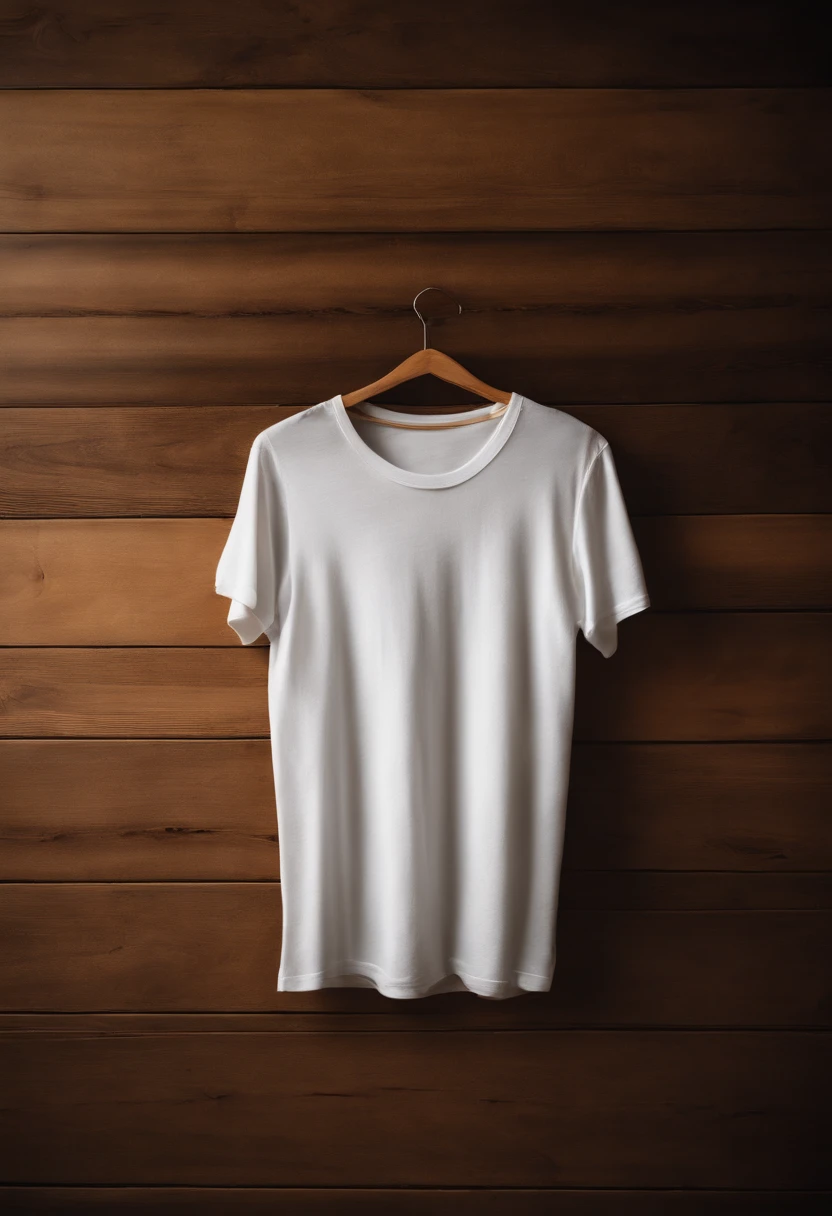 a top-down shot of a white t-shirt placed on a wooden hanger against a wooden background, providing a simple and elegant presentation of the design, as if it were ready to be worn