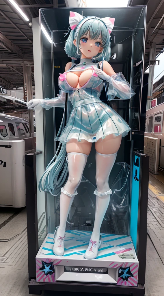 Ultra Miniature Paintings,pvc revoltech,figma,Glossy color,Crystal clear glowing eyes,embarrassed from,acrylic box,Realistic three-dimensional effect,Bright face,Crying face,A sexy,cute acrylic stand girl,transparent shoulder blouse,Transparent vinyl tight skirt、big breasts thin waist,Slim big,teats,toppless,Long twin tails shining in silver,Transparent vinyl,Sheer panties,konbini,showcase,spot light,acrylic boxの中に閉じ込める,amusement,UFO Catcher,Snow globe,fetish eroticism、motor show、giant lcd monitor panel、racing car、