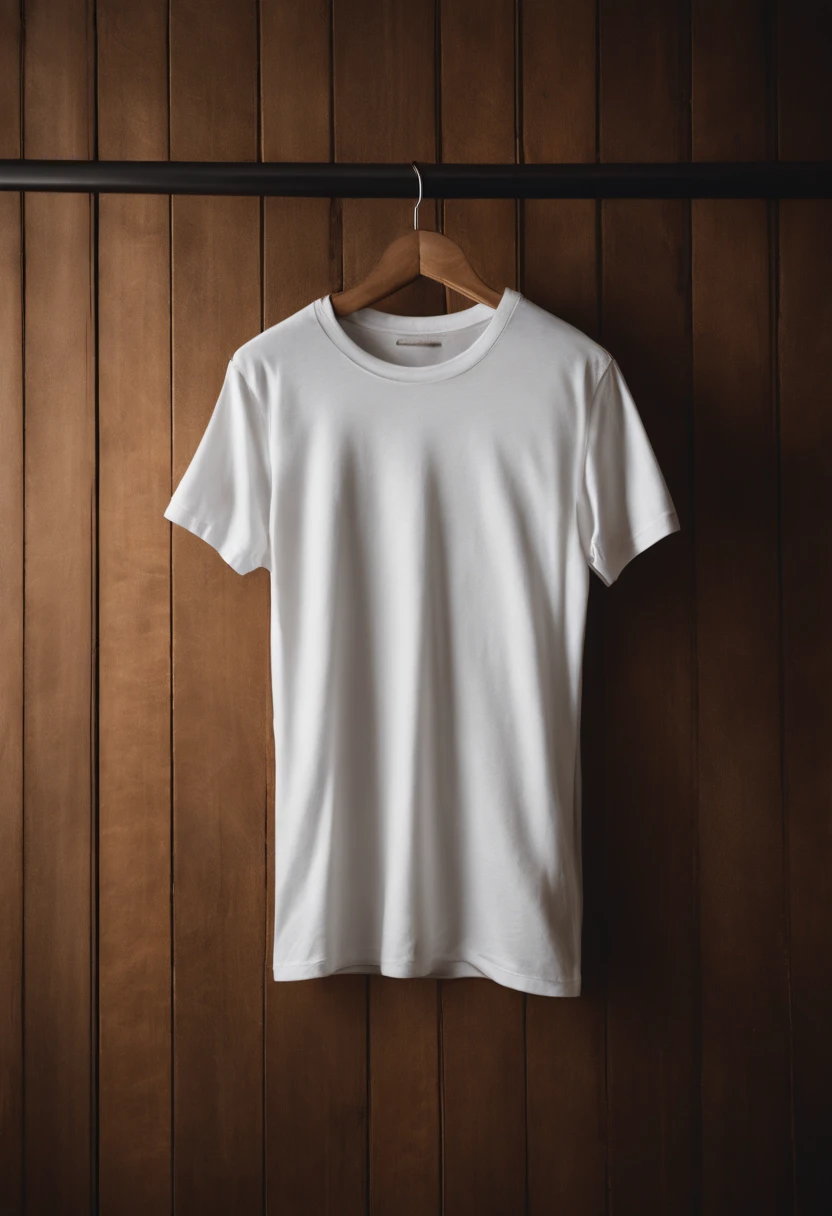 a top-down shot of a white t-shirt placed on a wooden hanger against a wooden background, providing a simple and elegant presentation of the design, as if it were ready to be worn