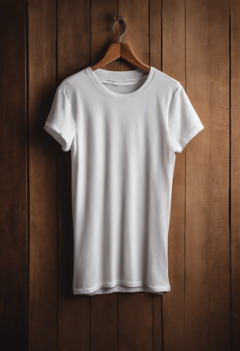 a top-down shot of a white t-shirt placed on a wooden hanger against a wooden background, providing a simple and elegant presentation of the design, as if it were ready to be worn