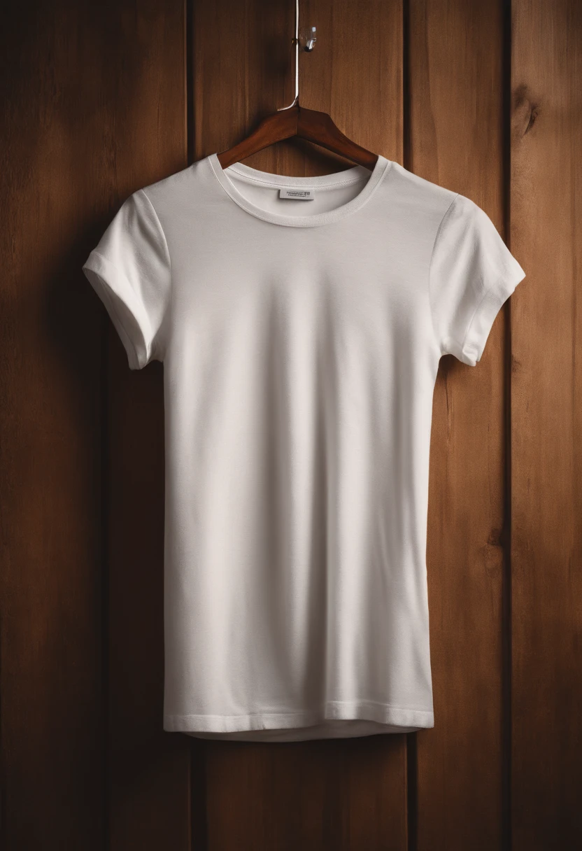 a top-down shot of a white t-shirt placed on a wooden hanger against a wooden background, providing a simple and elegant presentation of the design, as if it were ready to be worn