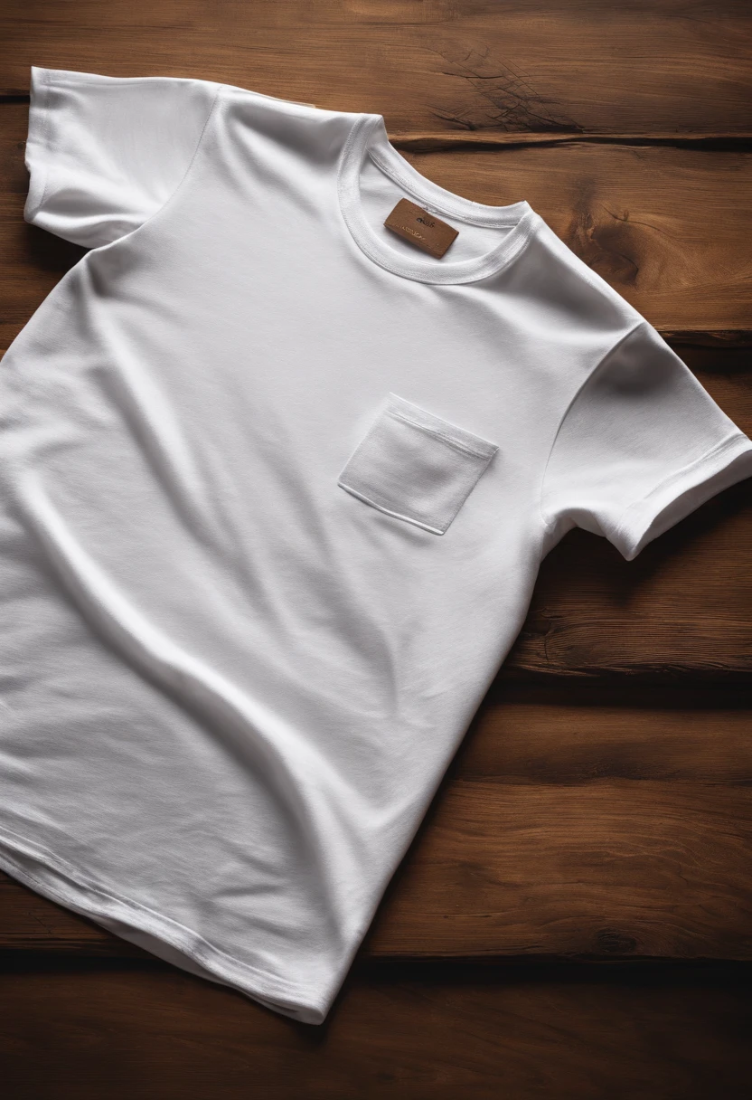 a top-down shot of a white t-shirt placed on a wooden hanger against a wooden background, providing a simple and elegant presentation of the design, as if it were ready to be worn
