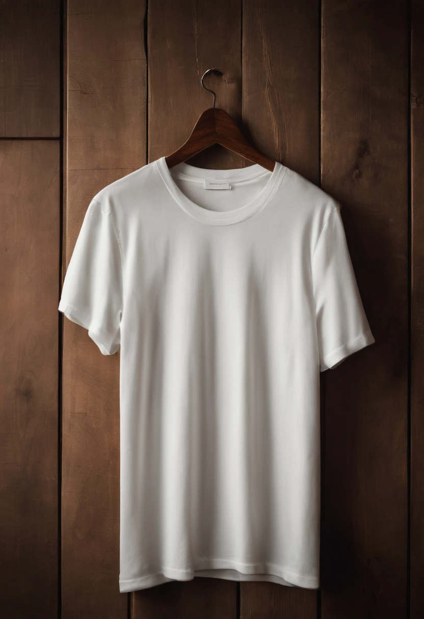 a top-down shot of a white t-shirt placed on a wooden hanger against a wooden background, providing a simple and elegant presentation of the design, as if it were ready to be worn