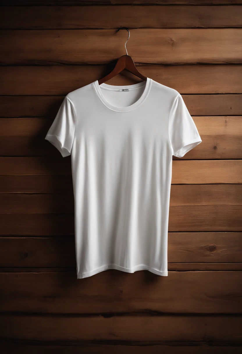 a top-down shot of a white t-shirt placed on a wooden hanger against a wooden background, providing a simple and elegant presentation of the design, as if it were ready to be worn