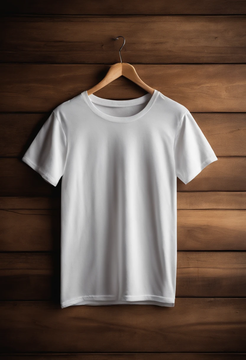 a top-down shot of a white t-shirt placed on a wooden hanger against a wooden background, providing a simple and elegant presentation of the design, as if it were ready to be worn
