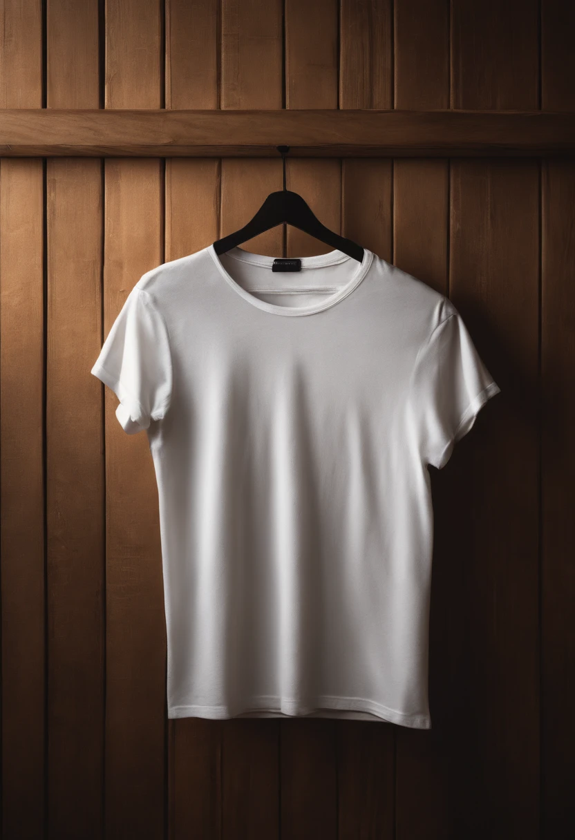 a top-down shot of a white t-shirt placed on a wooden hanger against a wooden background, providing a simple and elegant presentation of the design, as if it were ready to be worn