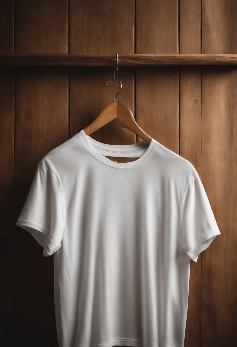 a top-down shot of a white t-shirt placed on a wooden hanger against a wooden background, providing a simple and elegant presentation of the design, as if it were ready to be worn