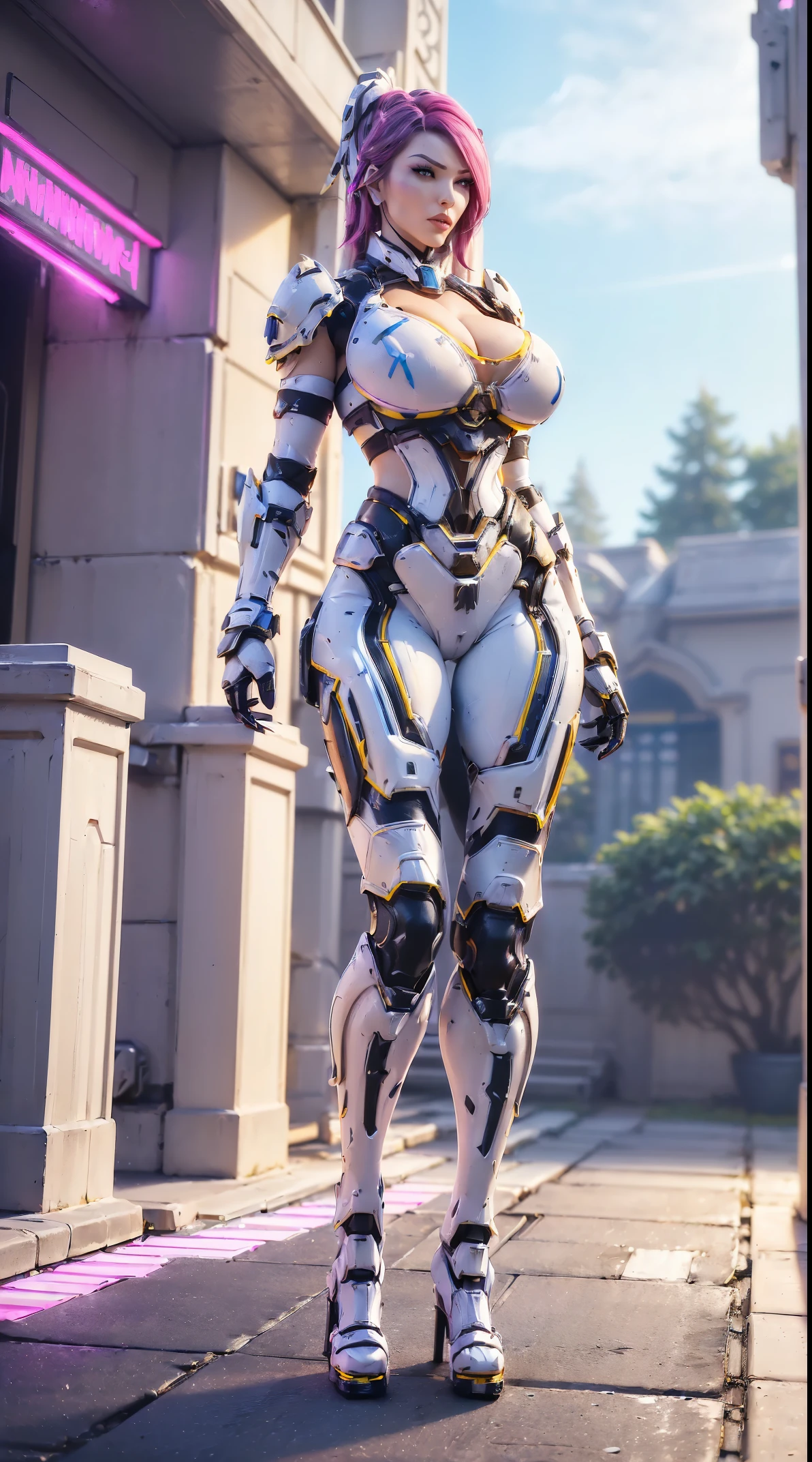 (PHOENIX HELM:1.1), (WHITE LONG HAIR:1.5), ((HUGE BREASTS:1.5)), (CLEAVAGE TOP:1.5), (MUSCLE ABS FEMALE:1.4), (MECHA GUARD ARM:1.4), ((WEAR MAGENTA BLUE OVERWATCH MECHANICAL ARMOR CROPTOP, BLACK MECHANICAL SKINTIGHT SUIT PANTS, MECHA GUARD ARMOR LEGS, HIGH HEELS:1.5)), (MUSCULAR BODY:1.3), (GLOSSY SKIN:0.8), (SEXY LONG LEGS, FULL BODY:1.1), (LOOKING AT VIEWER:1.3), (female focus:0.886), (WALKING DOWN HALLWAY OF FUTURISTIC SPACE STATION:1), (BRIGHT LIGHT WHITE_ROOM:1.3), SUPER TEXTURE, UNREAL ENGINE RENDER, PHYSICALLY-BASED RENDERING, ULTRA HIGHT DEFINITION, 16K, 1080P.