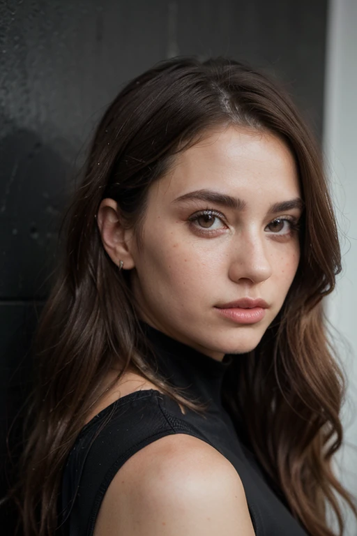 ((best quality)), ((masterpiece)), (detailed), perfect face realistic photo of beautiful woman with long dark brown hair, Russian, influencer, light freckles, dark brown eyes, big lips, no makeup, insagram, standing next to black wall, yoga outfit