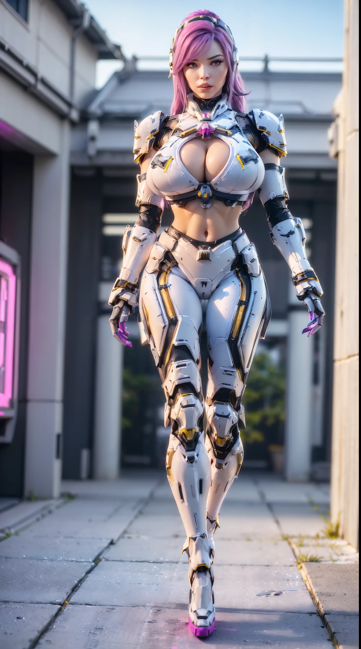 (PHOENIX HELM:1.1), (WHITE LONG HAIR:1.5), ((HUGE BREASTS:1.5)), (CLEAVAGE TOP:1.5), (MUSCLE ABS FEMALE:1.4), (MECHA GUARD ARM:1.4), ((WEAR MAGENTA BLUE OVERWATCH MECHANICAL ARMOR CROPTOP, BLACK MECHANICAL SKINTIGHT SUIT PANTS, MECHA GUARD ARMOR LEGS, HIGH HEELS:1.5)), (MUSCULAR BODY:1.3), (GLOSSY SKIN:0.8), (SEXY LONG LEGS, FULL BODY:1.1), (LOOKING AT VIEWER:1.3), (female focus:0.886), (WALKING DOWN HALLWAY OF FUTURISTIC SPACE STATION:1), (BRIGHT LIGHT WHITE_ROOM:1.3), SUPER TEXTURE, UNREAL ENGINE RENDER, PHYSICALLY-BASED RENDERING, ULTRA HIGHT DEFINITION, 16K, 1080P.