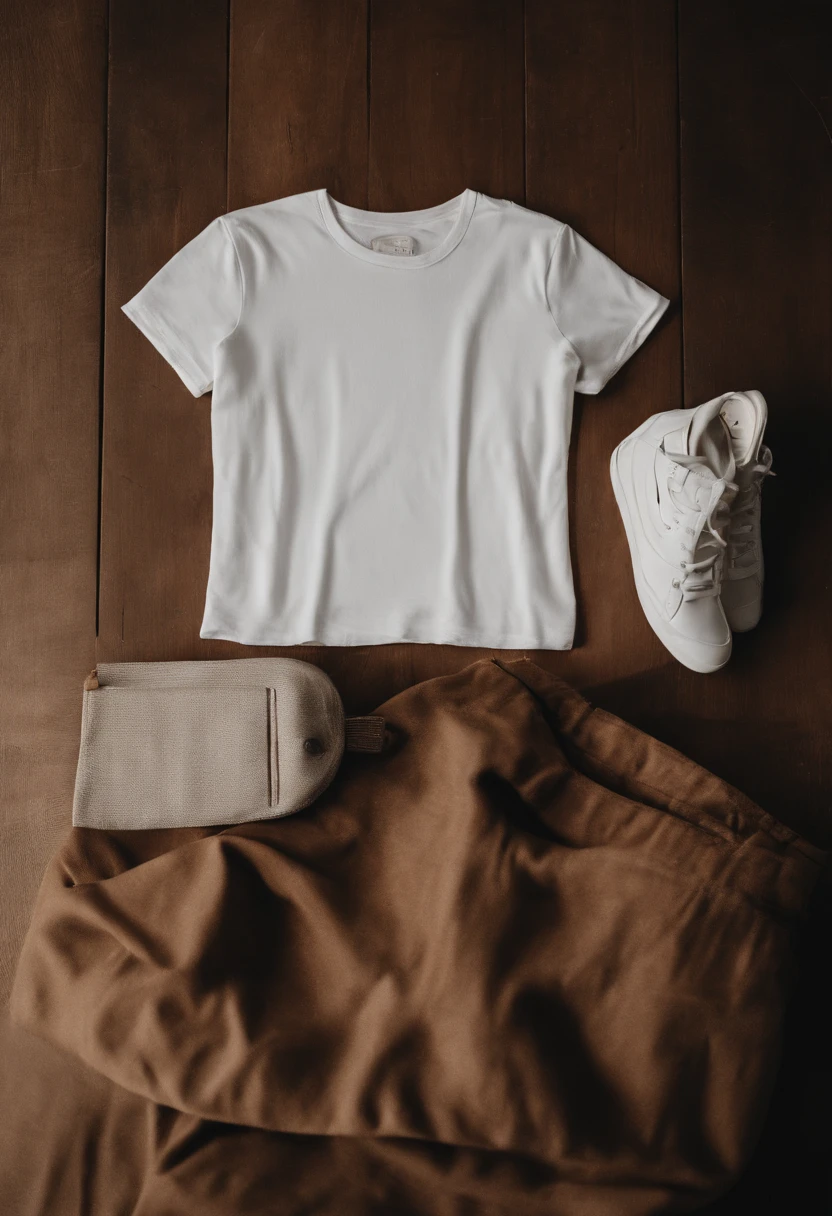 a minimalistic shot of a white t-shirt on a wooden background, with a simple and understated design placed strategically on the chest area, emphasizing the design’s impact and ensuring it stands out against the clean backdrop