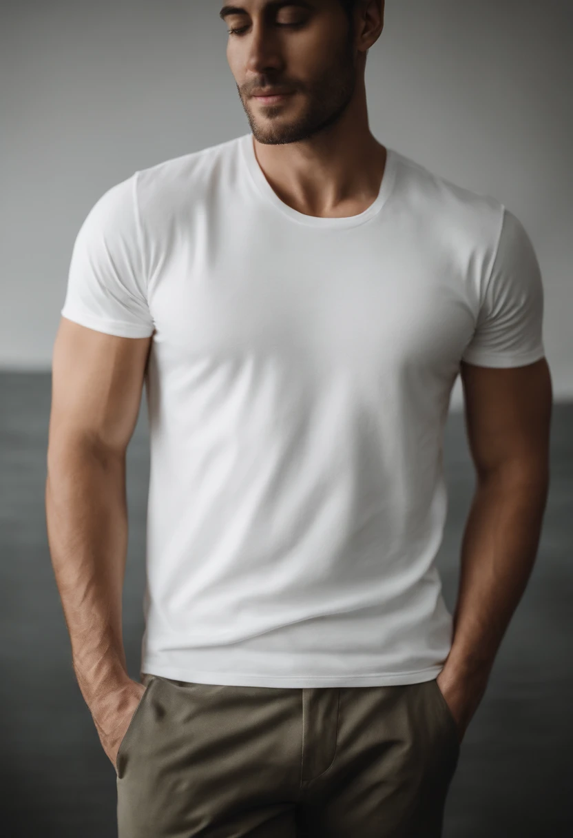 a minimalistic shot of a white t-shirt on a wooden background, with a simple and understated design placed strategically on the chest area, emphasizing the design’s impact and ensuring it stands out against the clean backdrop