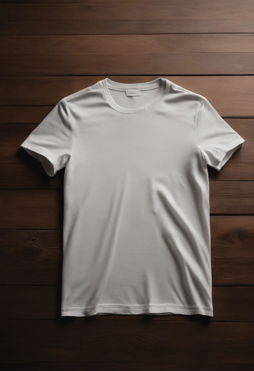 a minimalistic shot of a white t-shirt on a wooden background, with a simple and understated design placed strategically on the chest area, emphasizing the design’s impact and ensuring it stands out against the clean backdrop