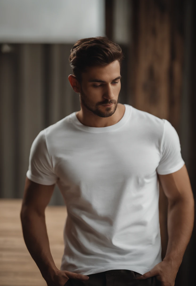 a minimalistic shot of a white t-shirt on a wooden background, with a simple and understated design placed strategically on the chest area, emphasizing the design’s impact and ensuring it stands out against the clean backdrop
