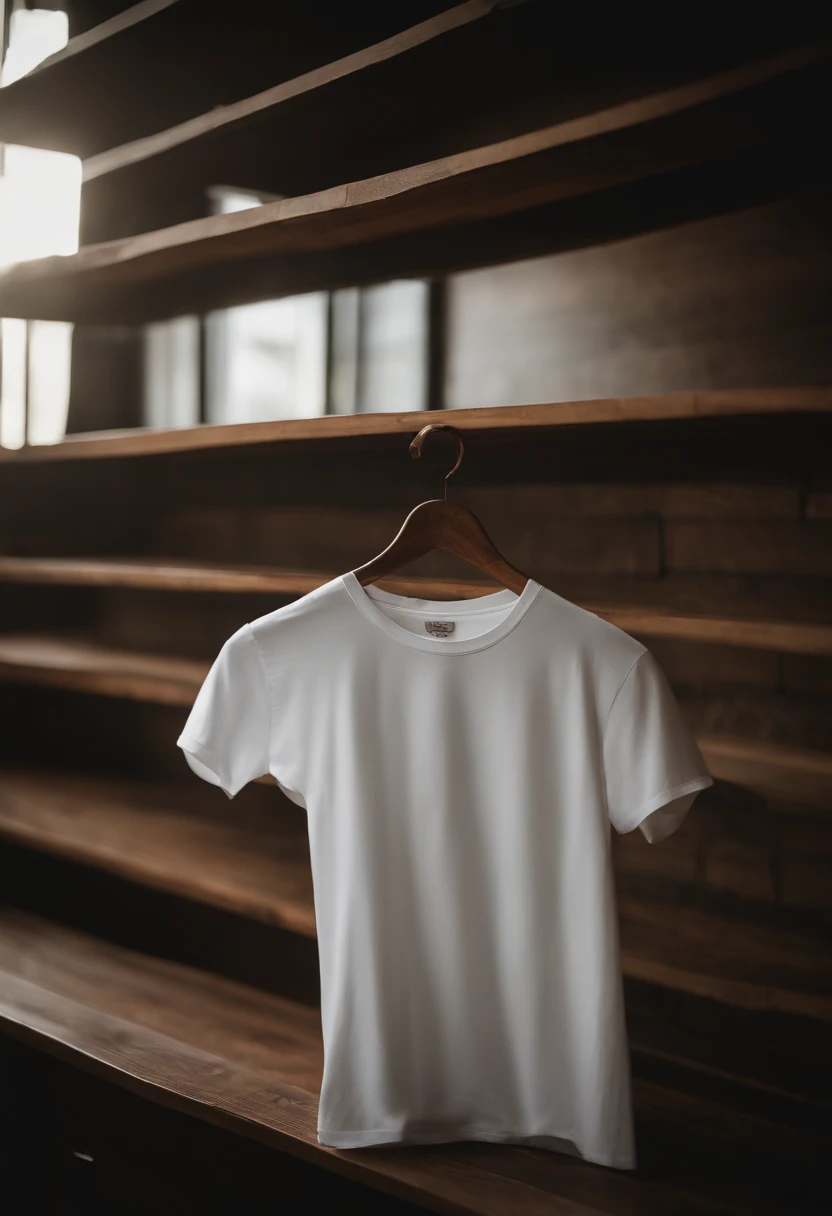 a minimalistic shot of a white t-shirt on a wooden background, with a simple and understated design placed strategically on the chest area, emphasizing the design’s impact and ensuring it stands out against the clean backdrop