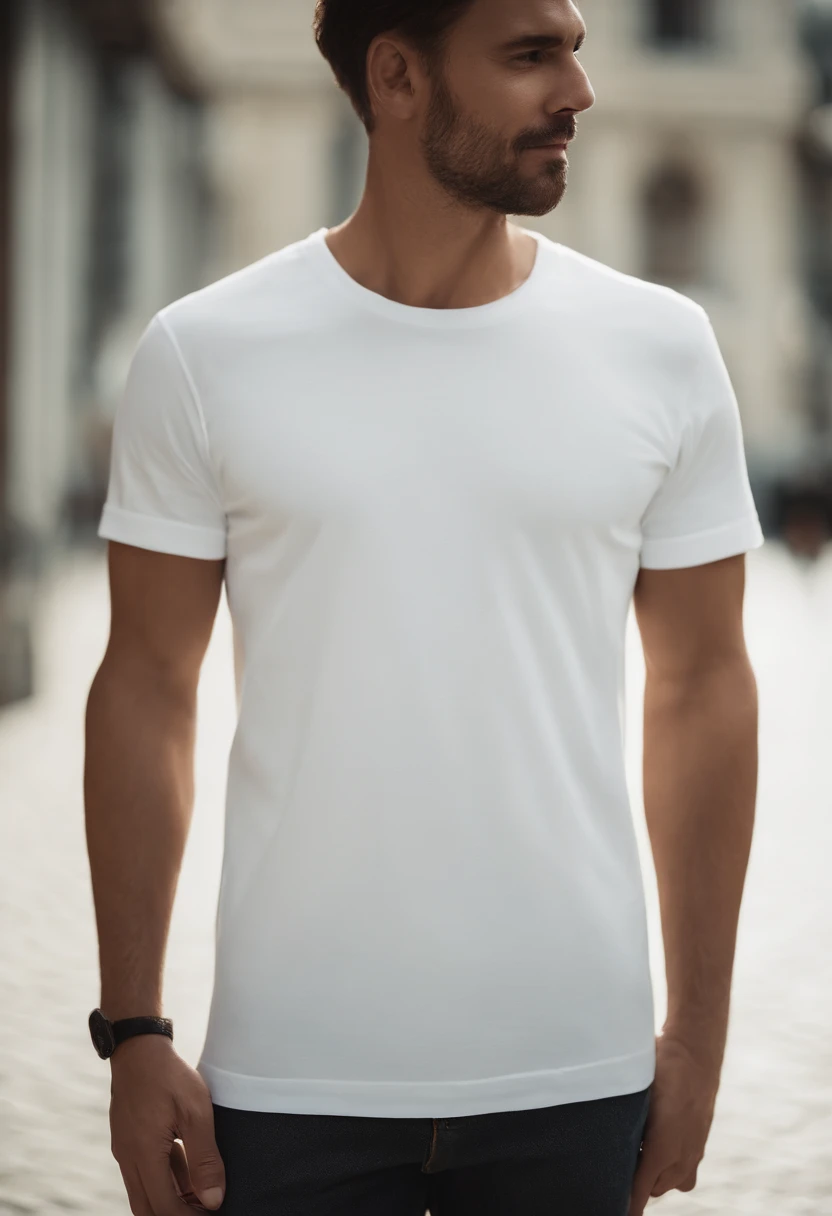 a minimalistic shot of a white t-shirt on a wooden background, with a simple and understated design placed strategically on the chest area, emphasizing the design’s impact and ensuring it stands out against the clean backdrop