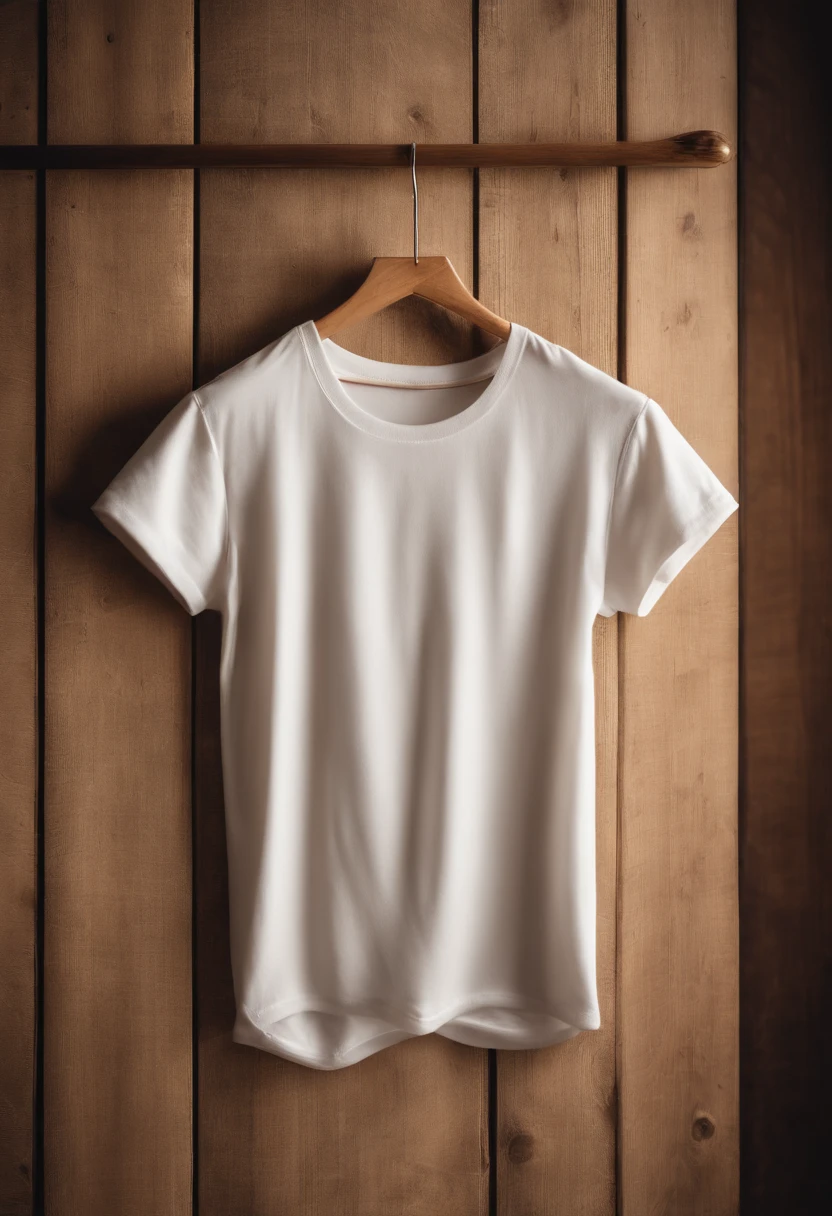 a top-down shot of a white t-shirt placed on a wooden hanger against a wooden background, providing a simple and elegant presentation of the design, as if it were ready to be worn