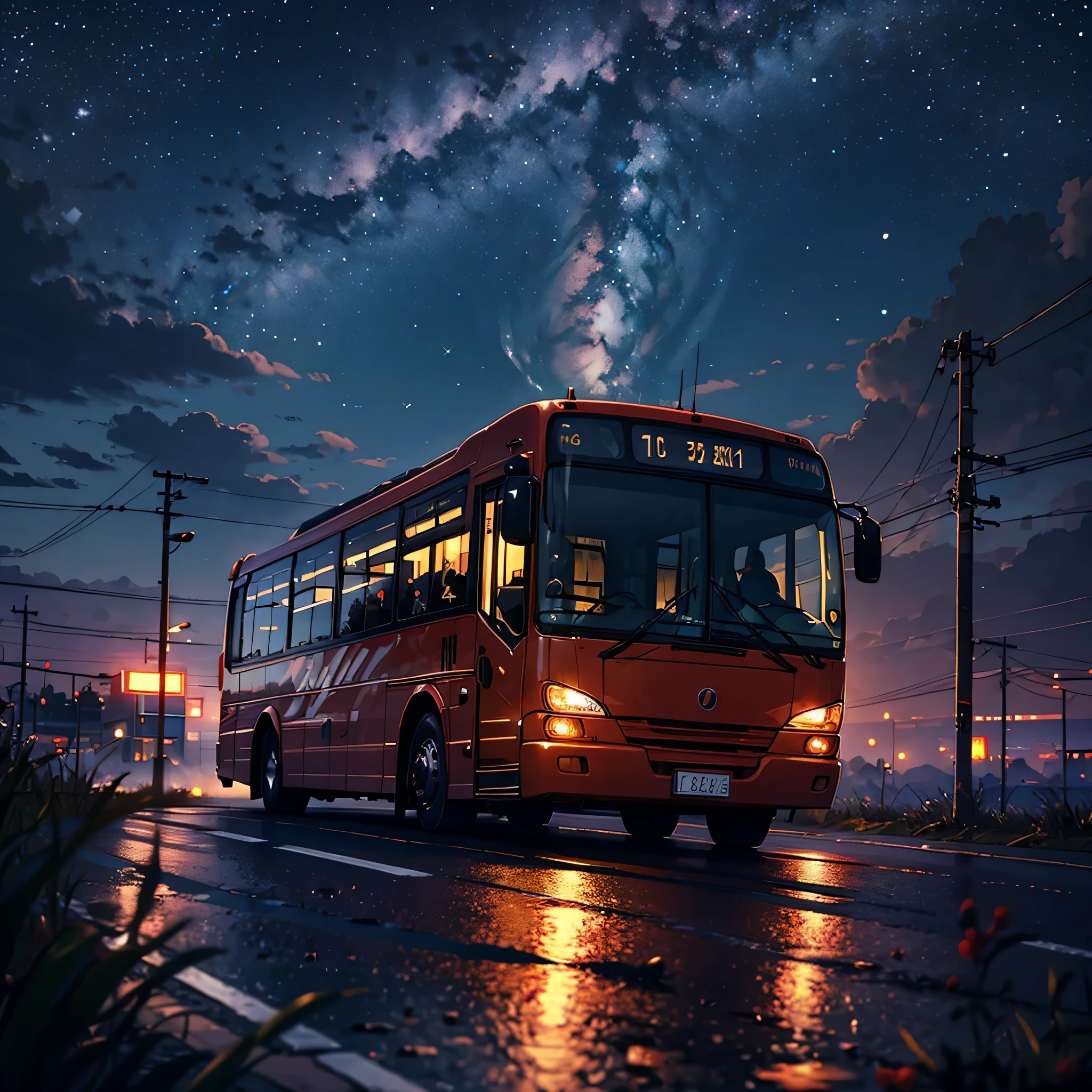 A modern public bus, red enamel color on a spooky night, dark background, bright yellow headlights with light breaking through fog, fluorescent ghosts coming out of the windows, realistic, panoramic, 8k