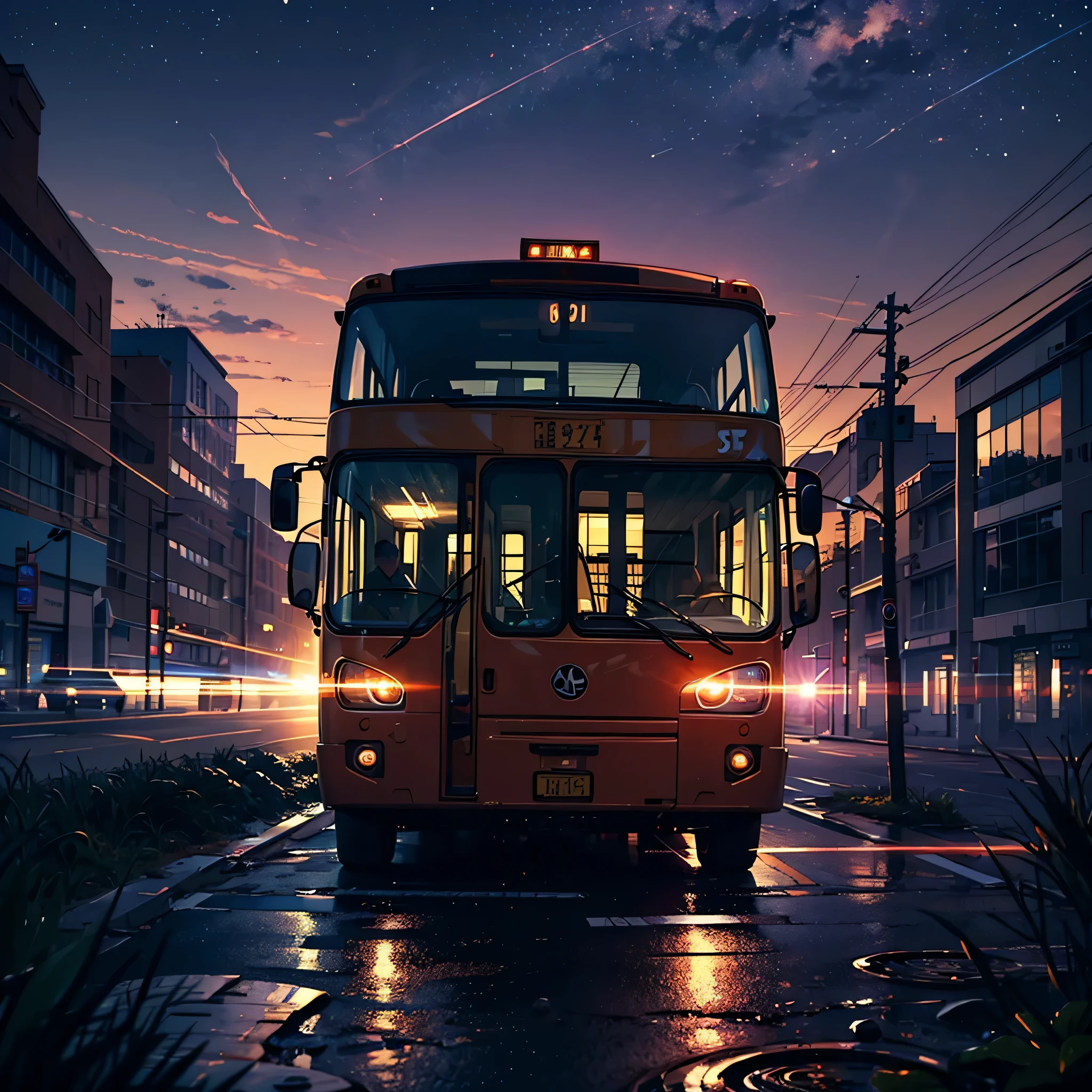 A modern public bus, red enamel color on a spooky night, dark background, bright yellow headlights with light breaking through fog, fluorescent ghosts coming out of the windows, realistic, panoramic, 8k