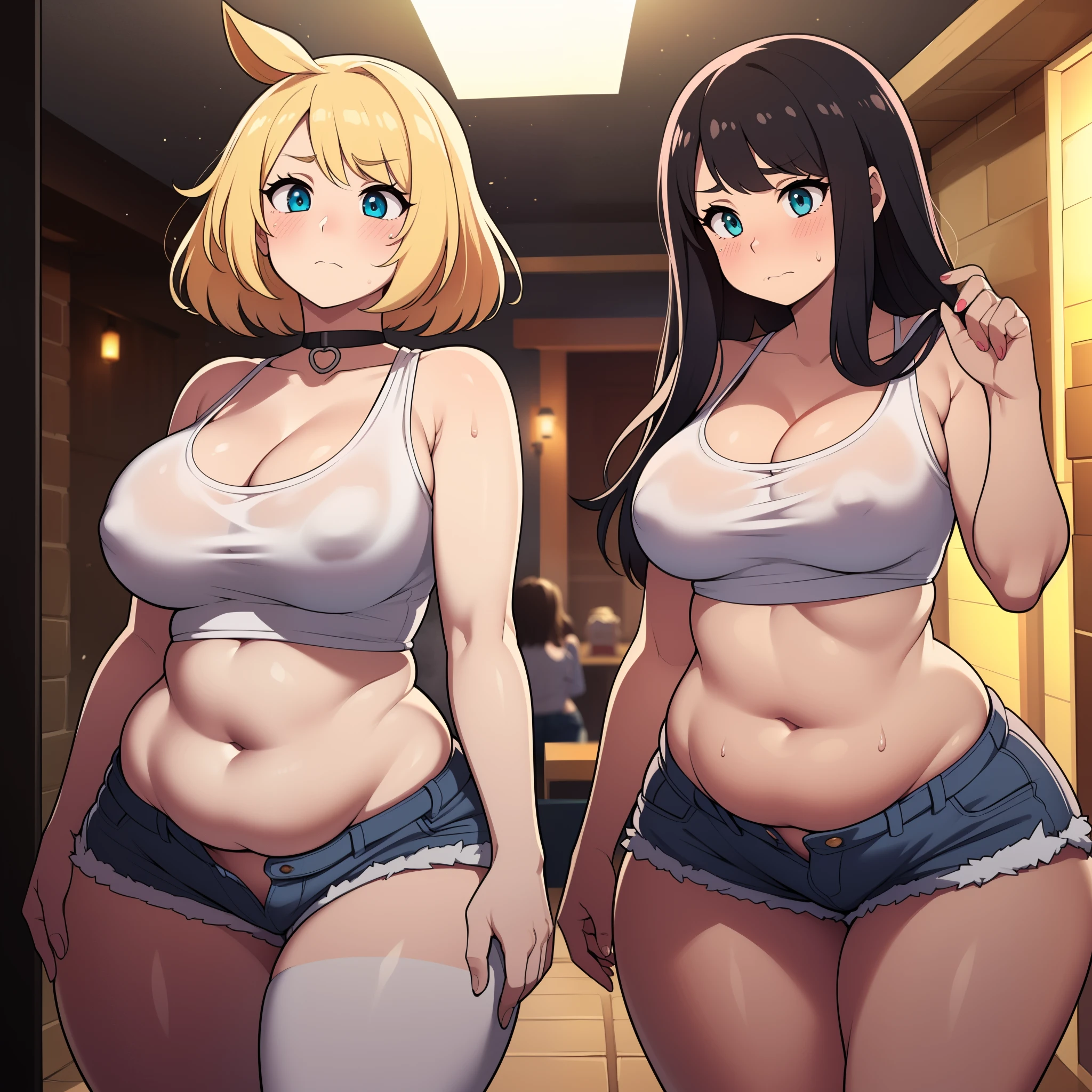((Masterpiece)), perfect anatomy, perfect shading, field of depth, (best quality), extremely delicate and beautiful, perfect lighting, detailed face, ultra cute face, cute, (cowboy shot 1.2), full body, (((2girls))), ((2 girls 1 and 2))
Girl 1: has long hair, fluffy hair, blonde hair, blue eyes, ((blush)), (embarrassed), extremely tight clothes, medium breasts, cleavage, perky breasts, ((wide hips)), (thick thighs), ((chubby)), pudgy belly, fat rolls, belly hang,
Girl 2: has short hair, fluffy hair, brown hair, green eyes, ((blush)), worried, chocker, extremely tight clothes, medium breasts, cleavage, perky breasts, (((wide hips))), ((thick thighs)), ((big butt)), ((plump)), chubby belly, fat rolls, belly hang, she has a jiggly belly,
Fast food restaurant, intricate background, detailed background, girls are standing next to each other, (white tank top 1.2), (shorts 1.2),