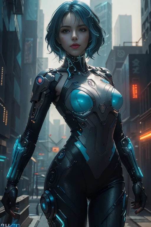 ((ultra realistic illustration:1.3)), Tall, slender ((android:1.2)). (pale:1.3)complexion.azure hair,(bob cut), neon eyes, cute butt, nice legs. ((cyberpunk:1.4)).Masterpiece, (highly detailed:1.2),(detailed face and eyes:1.2), 8k wallpaper, cinematic lighting. core shadows, high contrast, bokeh.