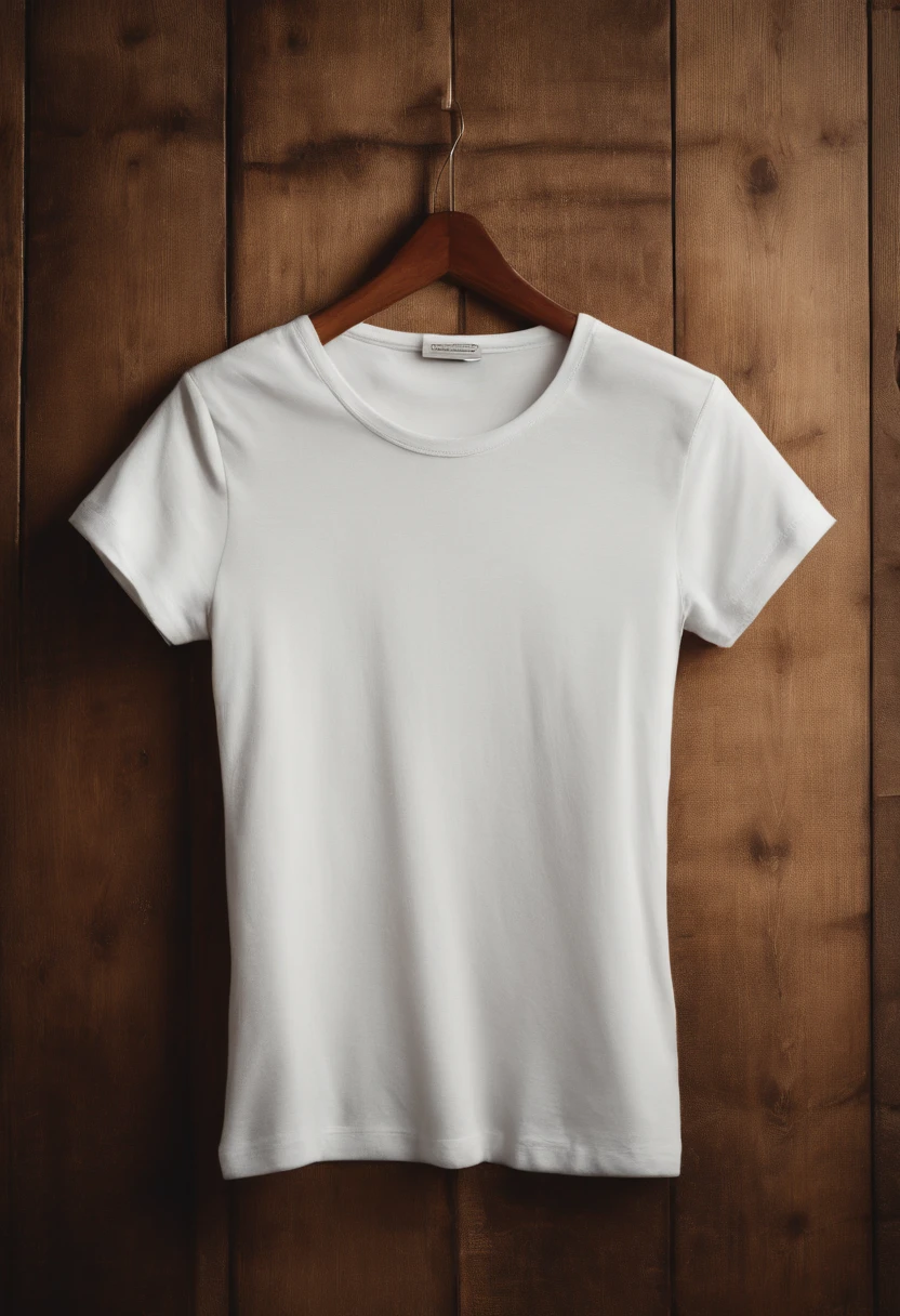 a top-down shot of a white t-shirt placed on a wooden hanger against a wooden background, providing a simple and elegant presentation of the design, as if it were ready to be worn