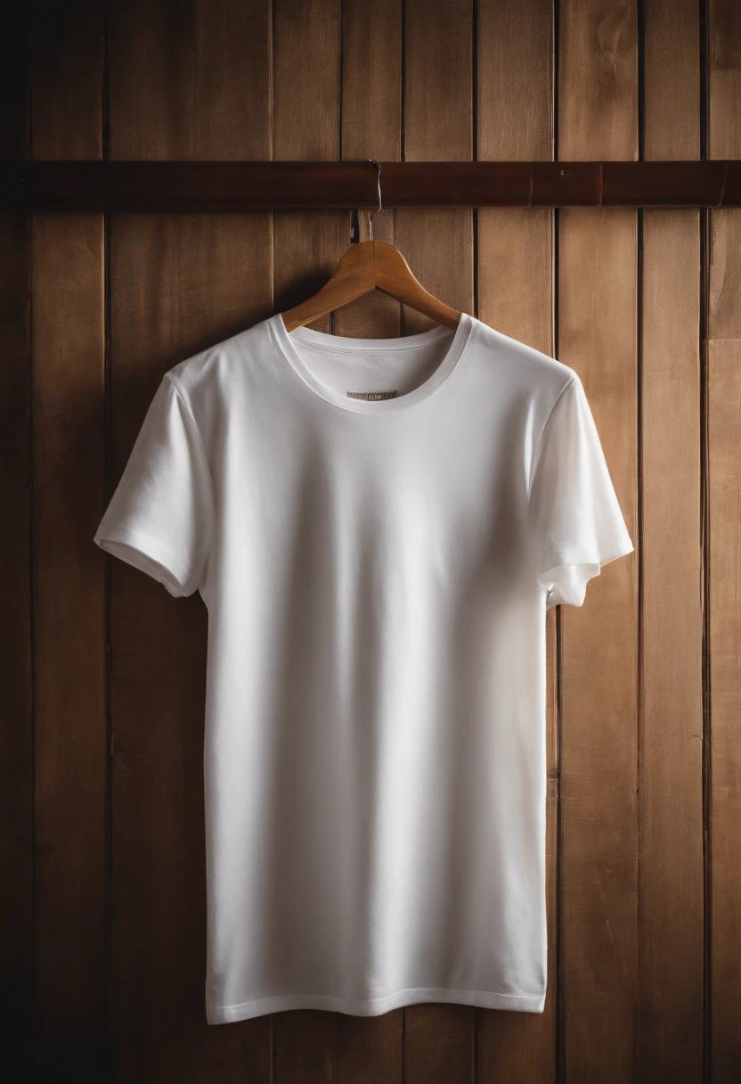 a top-down shot of a white t-shirt placed on a wooden hanger against a wooden background, providing a simple and elegant presentation of the design, as if it were ready to be worn