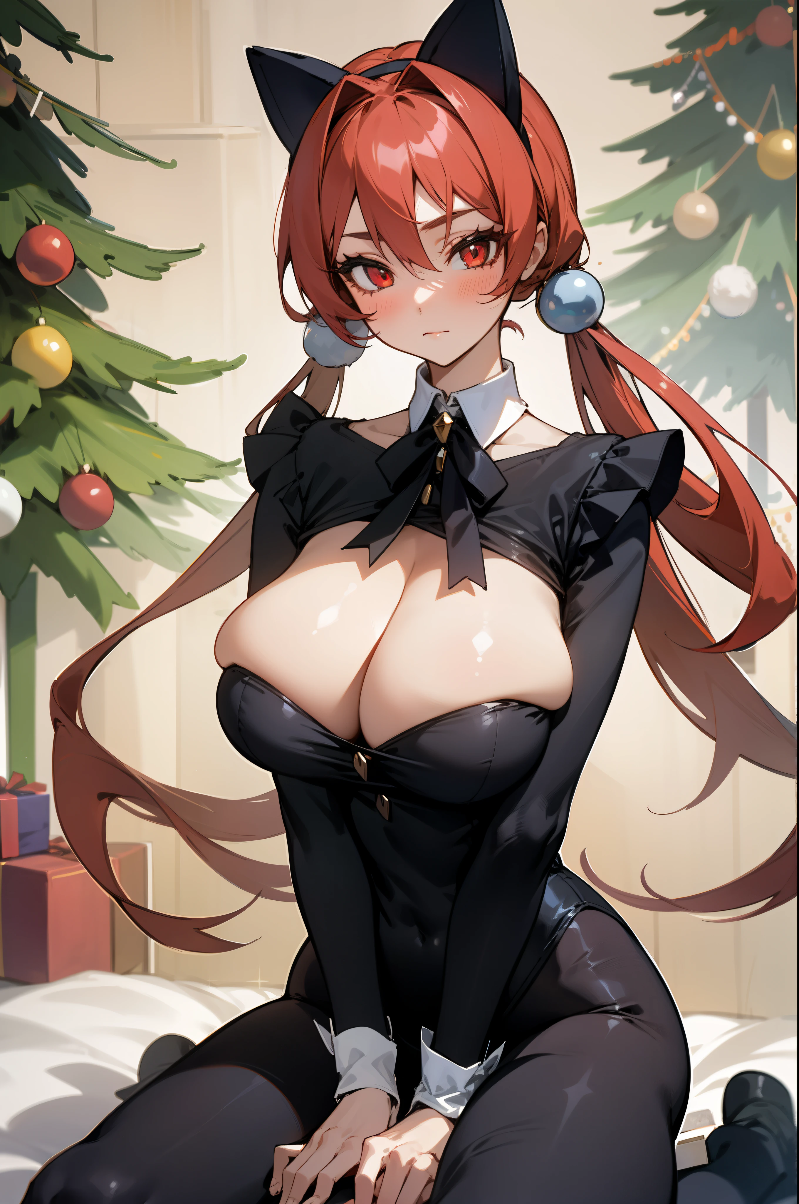 1girl,fake animal ears, huge tits, scarlet eyes, closed mouth, perfect body, , xmas, christmas tree, gift box between legs,