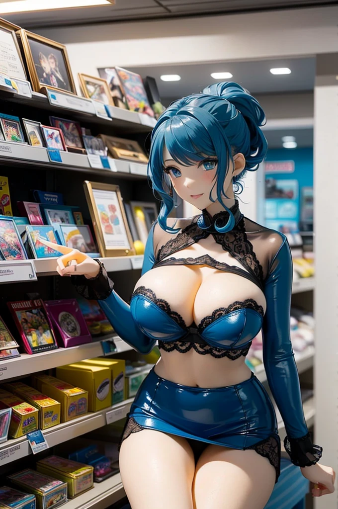 (Official art、Best Quality、Unity 8k Wallpapers、32K、ultra-detailliert、超A high resolution、realisitic、Photorealsitic:2.0、pvc revoltech)、(Cinematic lighting:1.8)、(Full body)、Transparency、Crying face、Acrylic Stand,The product is a shop clerk wearing a transparent blue two-piece lace queen costume..fashion modell、Charming,A sexy,vinyl mini skirt,cleavage of the breast、amazing、foco nítido、I opened my mouth a little、Charmingな微笑み、Jump gracefully with both feet、there were many spectators、(light blue braided long ponytail、beautiful hair of blue color、 Blue eyes)、Inside the acrylic box、service area,Fancy Goods、Amusement park toy store、huge lcd monitor,Inside the UFO Catcher、