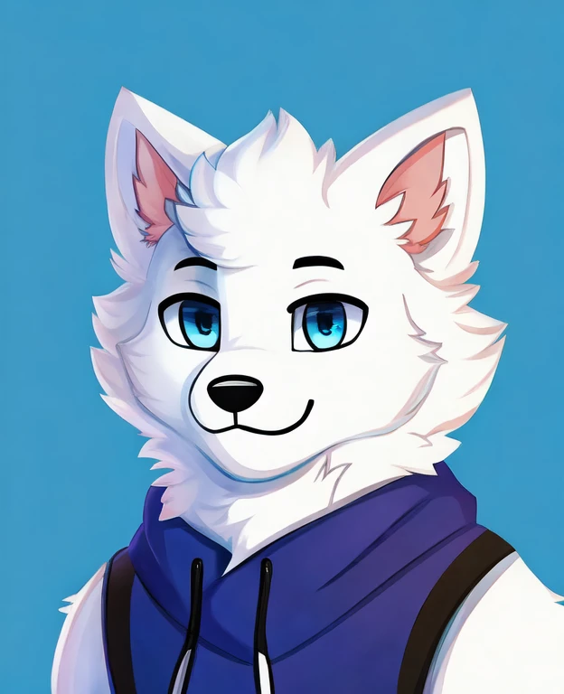 Generate a furrsona, male, samoyed, blue eyes, fluffy,