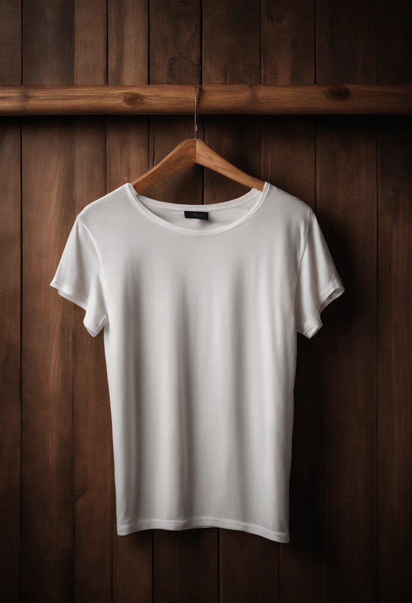 a top-down shot of a white t-shirt placed on a wooden hanger against a wooden background, providing a simple and elegant presentation of the design, as if it were ready to be worn