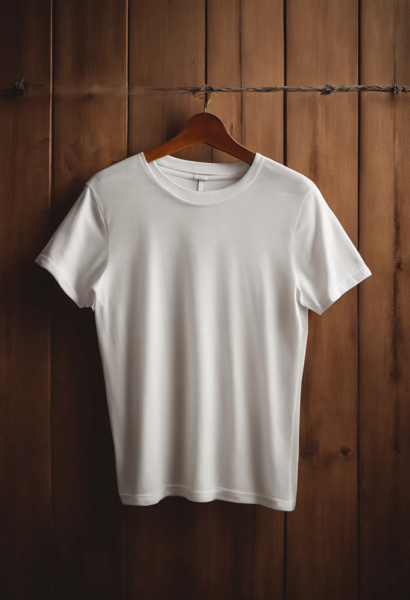 a top-down shot of a white t-shirt placed on a wooden hanger against a wooden background, providing a simple and elegant presentation of the design, as if it were ready to be worn